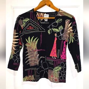 Chico's Black Top with Vibrant Tropical Accents SIZE 1